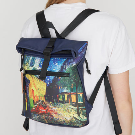 Cafe at Night PU Rolltop Tablet Backpack